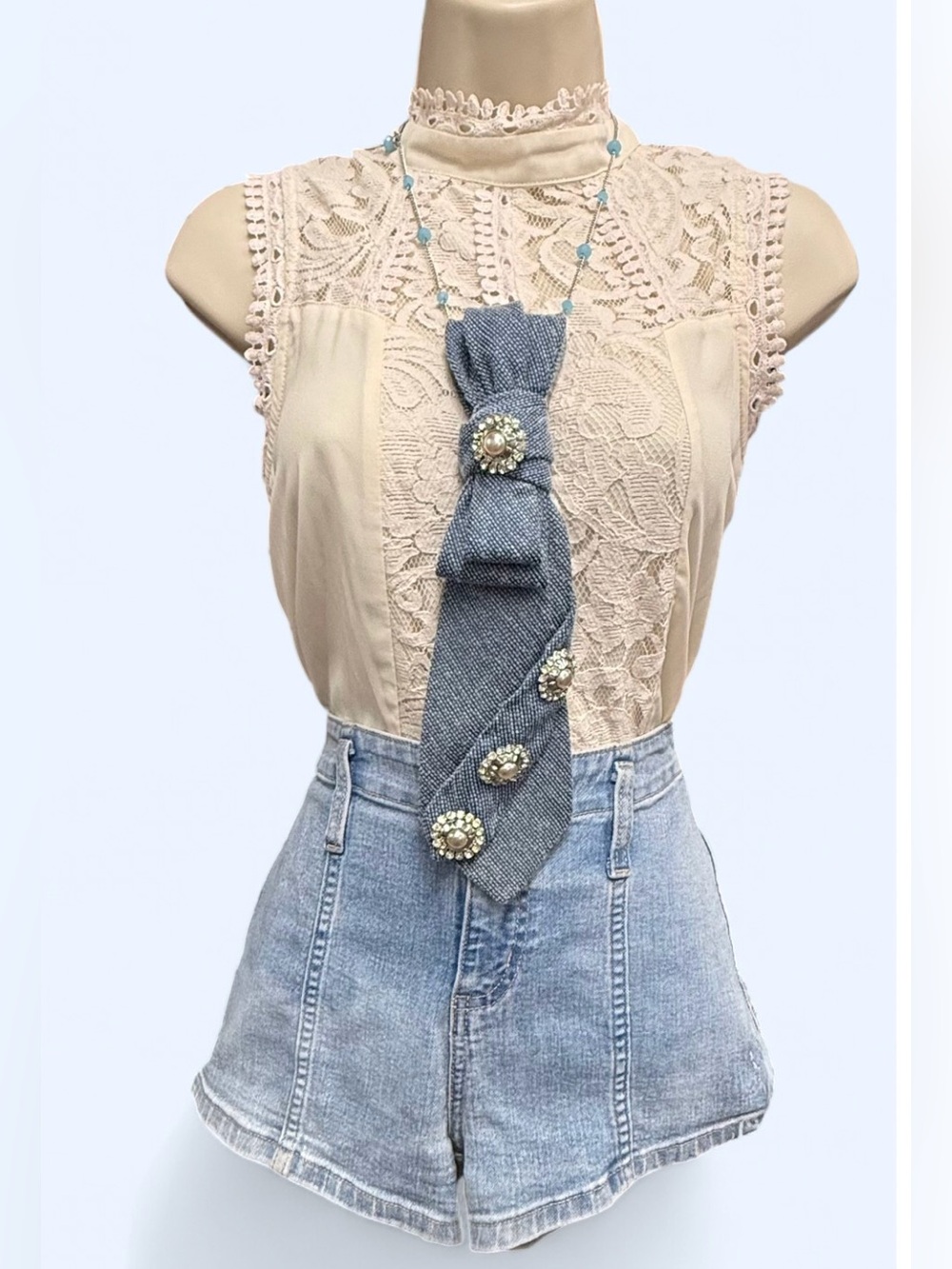 Re-Styled Vintage Denim Look Necktie Necklace, Rhinestones, Removable Chain - Picture 1 of 5